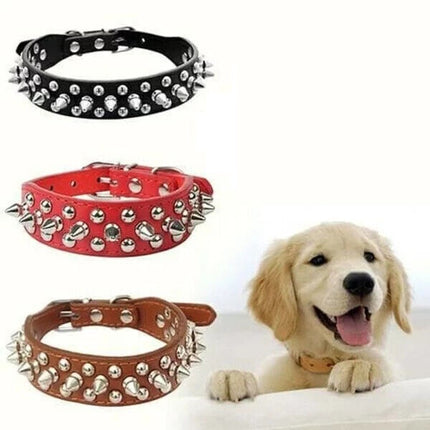 Dog Collar Leather Studded Black Brown Small Medium Large Breeds Pet