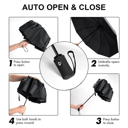 Automatic Folding Umbrella Windproof Auto Open Compact With 12Ribs Fiberglass
