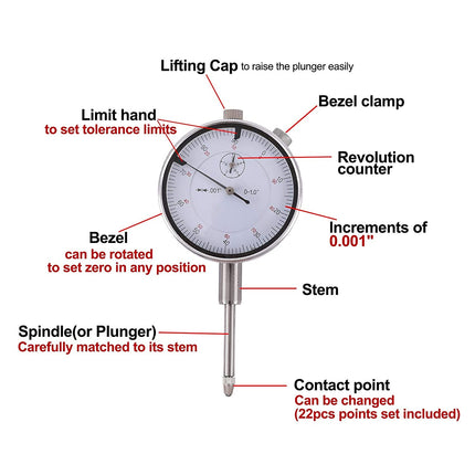 Dial Indicator with Magnetic Base Holder 0-10mm 60KG 22 Indicator Point Set