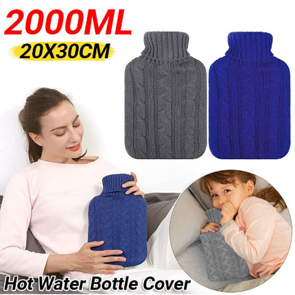 2 Litre HOT WATER BOTTLE Knitted Cover Winter Warm Rubber Bag Relaxing Warmer
