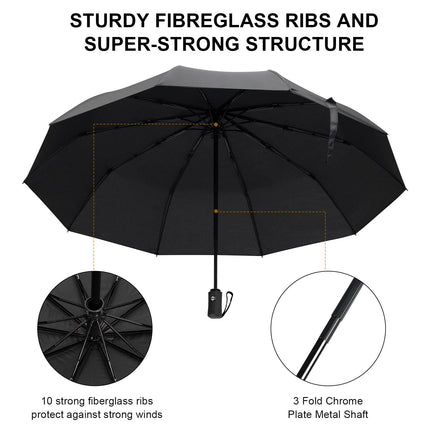 Automatic Folding Umbrella Windproof Auto Open Compact With 12Ribs Fiberglass
