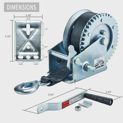 1200lbs Hand Winch Portable Crank - Heavy Duty, Load Capacity