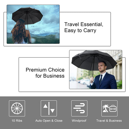 Automatic Folding Umbrella Windproof Auto Open Compact With 12Ribs Fiberglass