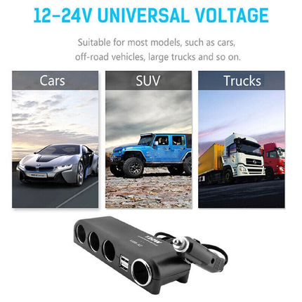 4 Way 12V 24V Multi Socket Car Cigarette Lighter Splitter USB Charger Adapter