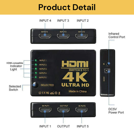 4K Ultra 5 Port HDMI Splitter Switch