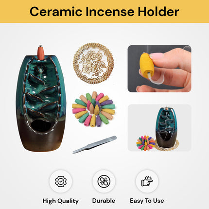 Smoke Backflow Mountain Waterfall Ceramic Incense Burner Cones Holder
