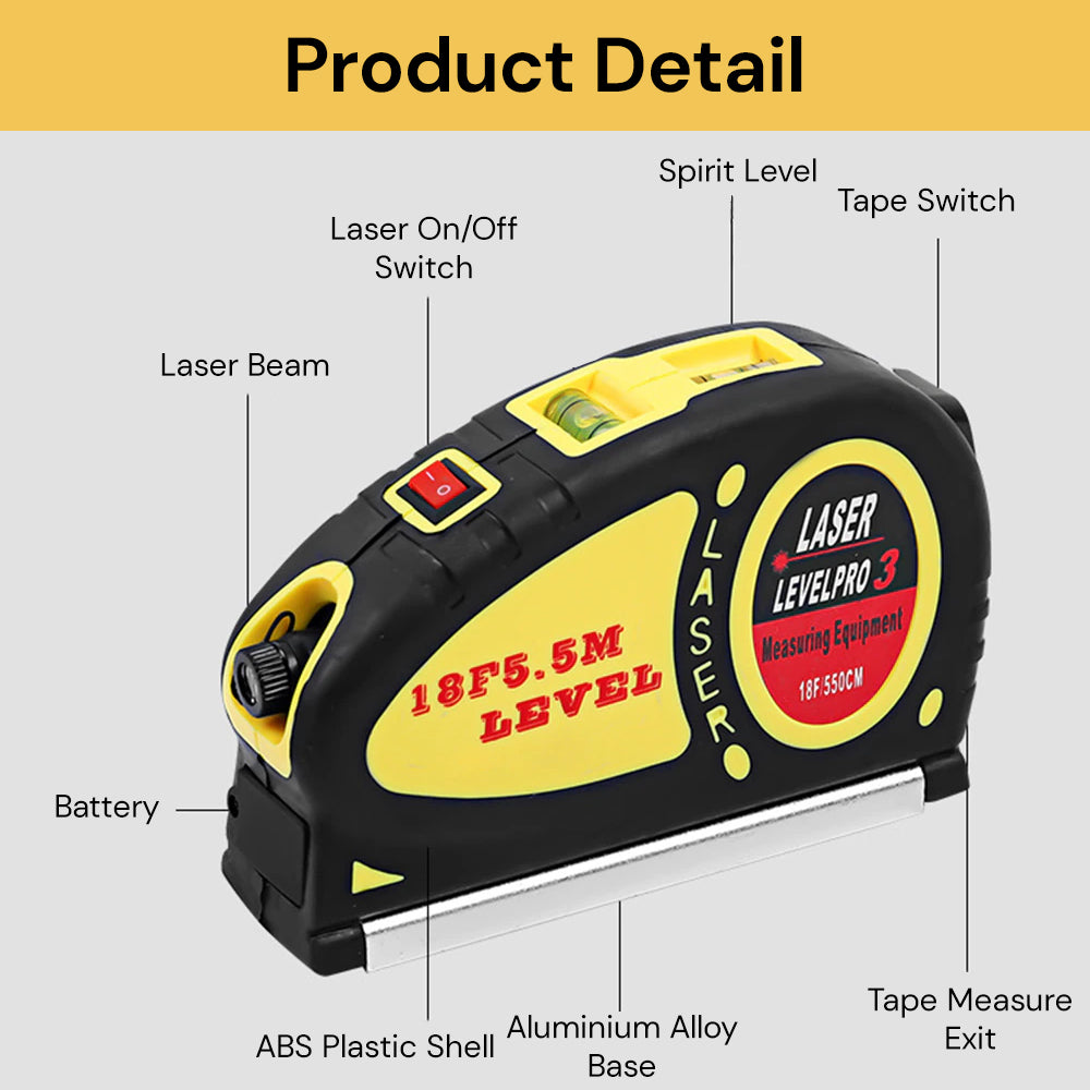 3-in-1 Laser Measure Tape - Compact Design, Yellow