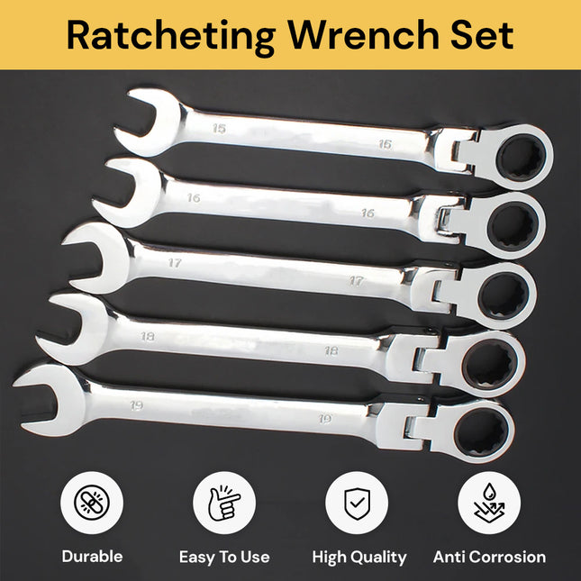 5pcs Ratcheting Wrench Set - Chrome - Versatile and Easy to Use