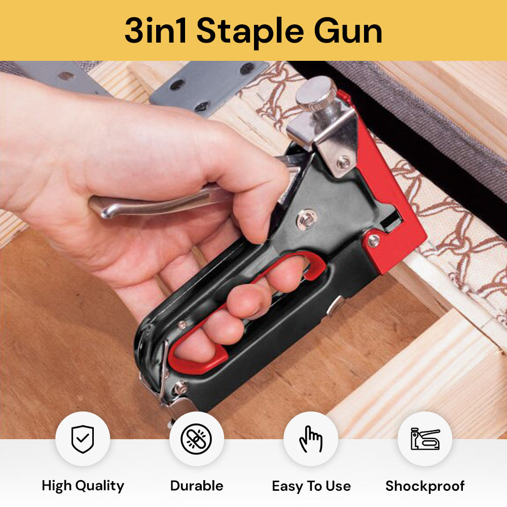 Staplered 3-in-1 Staple Gun - Heavy Duty, Adjustable Depth, Red, Black