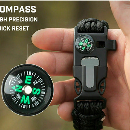 Survival Paracord Bracelet 5in1 Flint Fire Starter Whistle Compass Outdoor Emerg