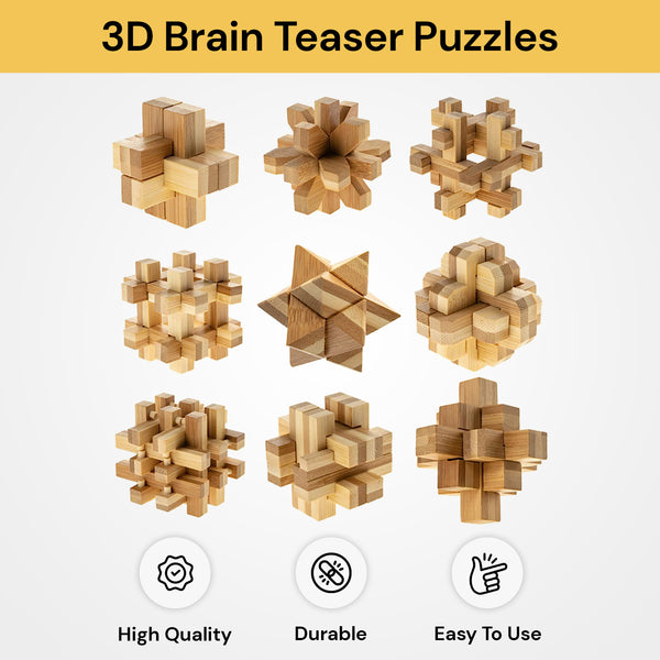 9PCs Wooden 3D Brain Teaser Puzzles
