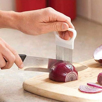 Stainless Steel Vegetable Onion Cutter Holder Meat Needle Kitchen Tools (White) cxre