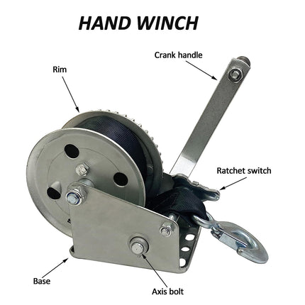 1200lbs Hand Winch Portable Crank - Heavy Duty, Load Capacity