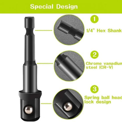 12Pcs Socket Adapte Bits Set Hex Drill Nut Driver Power Shank 1/4" 3/8" 1/2" Connecting Rod Head Extension Drill Bits Bar Wrench 4355