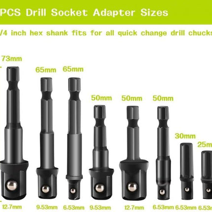 12Pcs Socket Adapte Bits Set Hex Drill Nut Driver Power Shank 1/4" 3/8" 1/2" Connecting Rod Head Extension Drill Bits Bar Wrench 5464