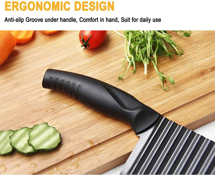 Crinkle Potato Cutter - 2.9" x 11.8" 420 Stainless Steel Waves French Fries Slicer, Save-effort Handheld Chipper Chopper, Vegetable Salad Chopping Knife Home Kitchen Wavy Blade Cutting Tool, Black bhfghfghfg