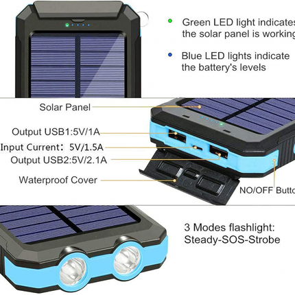 Solar Charger Solar Power Bank 20000mAh Waterproof Portable External Backup Outdoor Cell Phone Battery Charger with Dual LED Flashlights Solar Panel Compatible with All Smartphone (Black & Blue) dafwq34324