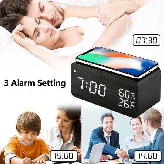 Wooden LED Digital Wooden Alarm Clock with Qi Wireless Charging Pad, LED Display Sound Control and Snooze Dual for Bedroom, Bedside, Office(Black) dsfbbdsfhfdsfds