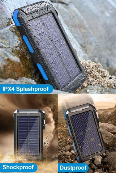 Solar Charger Solar Power Bank 20000mAh Waterproof Portable External Backup Outdoor Cell Phone Battery Charger with Dual LED Flashlights Solar Panel Compatible with All Smartphone (Black & Blue) fdgfdgfdfgd
