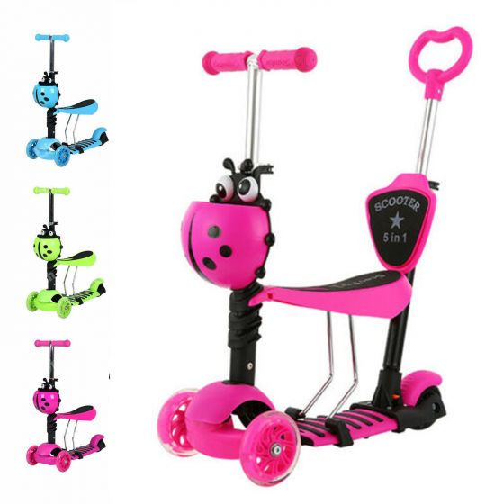 5-in-1 Kids Scooter, 3 Wheels Scooter Kick Scooter with Adjustable Removable Seat and Push Handle with Flashing Led Light Up Wheels fdgre