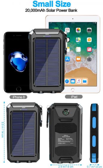 Solar Charger Solar Power Bank 20000mAh Waterproof Portable External Backup Outdoor Cell Phone Battery Charger with Dual LED Flashlights Solar Panel Compatible with All Smartphone (Black & Blue) fdgretert