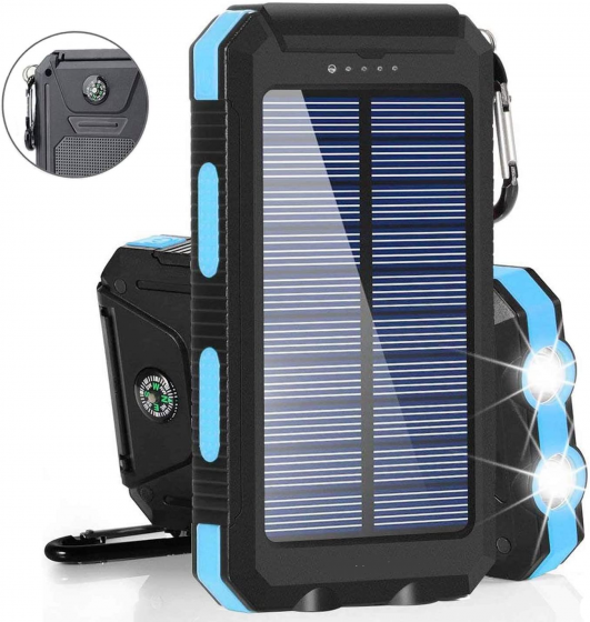 Solar Charger Solar Power Bank 20000mAh Waterproof Portable External Backup Outdoor Cell Phone Battery Charger with Dual LED Flashlights Solar Panel Compatible with All Smartphone (Black & Blue) fdytt43543