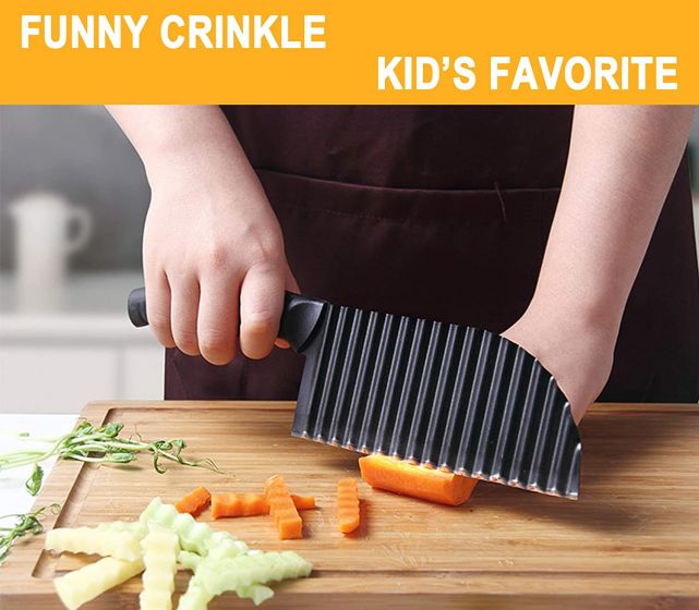 Crinkle Potato Cutter - 2.9" x 11.8" 420 Stainless Steel Waves French Fries Slicer, Save-effort Handheld Chipper Chopper, Vegetable Salad Chopping Knife Home Kitchen Wavy Blade Cutting Tool, Black fsdfsdfsdf_1