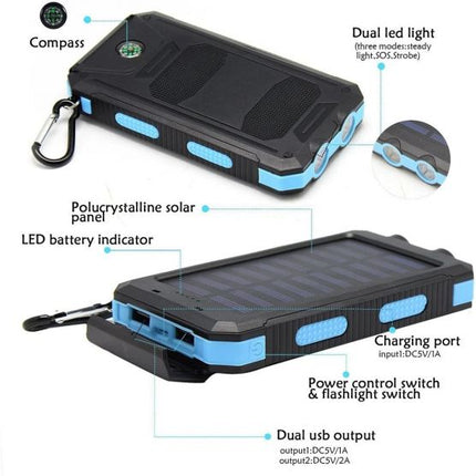 Solar Charger Solar Power Bank 20000mAh Waterproof Portable External Backup Outdoor Cell Phone Battery Charger with Dual LED Flashlights Solar Panel Compatible with All Smartphone (Black & Blue) jkjhkhjk