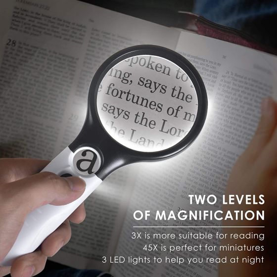 3 LED Light 45X Handheld Magnifier Reading Magnifying Glass Lens for Reading Small Prints, Coins, Map, Jewelry, Hobbies & Crafts retetert