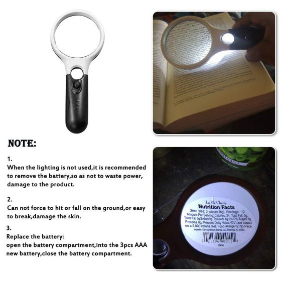 3 LED Light 45X Handheld Magnifier Reading Magnifying Glass Lens for Reading Small Prints, Coins, Map, Jewelry, Hobbies & Crafts rettretretret