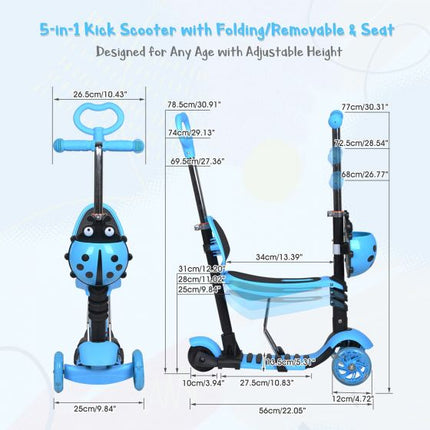 5-in-1 Kids Scooter, 3 Wheels Scooter Kick Scooter with Adjustable Removable Seat and Push Handle with Flashing Led Light Up Wheels rty546_3
