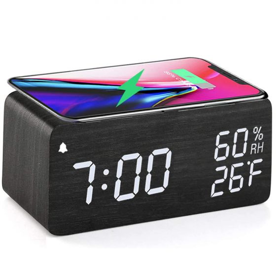 Wooden LED Digital Wooden Alarm Clock with Qi Wireless Charging Pad, LED Display Sound Control and Snooze Dual for Bedroom, Bedside, Office(Black) sdfdsf_4