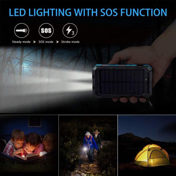 Solar Charger Solar Power Bank 20000mAh Waterproof Portable External Backup Outdoor Cell Phone Battery Charger with Dual LED Flashlights Solar Panel Compatible with All Smartphone (Black & Blue) sdfdsfdsfd