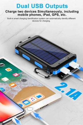 Solar Charger Solar Power Bank 20000mAh Waterproof Portable External Backup Outdoor Cell Phone Battery Charger with Dual LED Flashlights Solar Panel Compatible with All Smartphone (Black & Blue) tryrtyrty