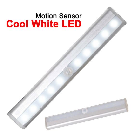 LED Motion Sensor Light 10LED Wireless Rechargeable PIR Night Light Bar with Stick-on Magnetic Strip and adhesive for Stairs, Drawer, Wardrobe, Washroom - 19CM (Cool White) ujiyuiyuiyui