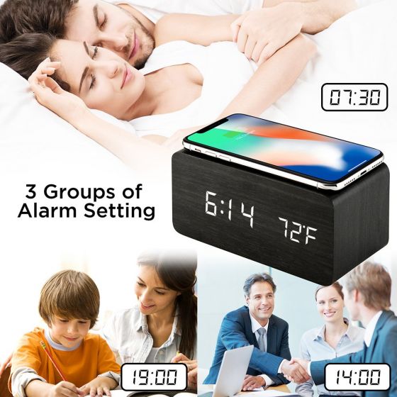 Wooden LED Digital Wooden Alarm Clock with Qi Wireless Charging Pad, LED Display Sound Control and Snooze Dual for Bedroom, Bedside, Office(Black) yuiyui_1